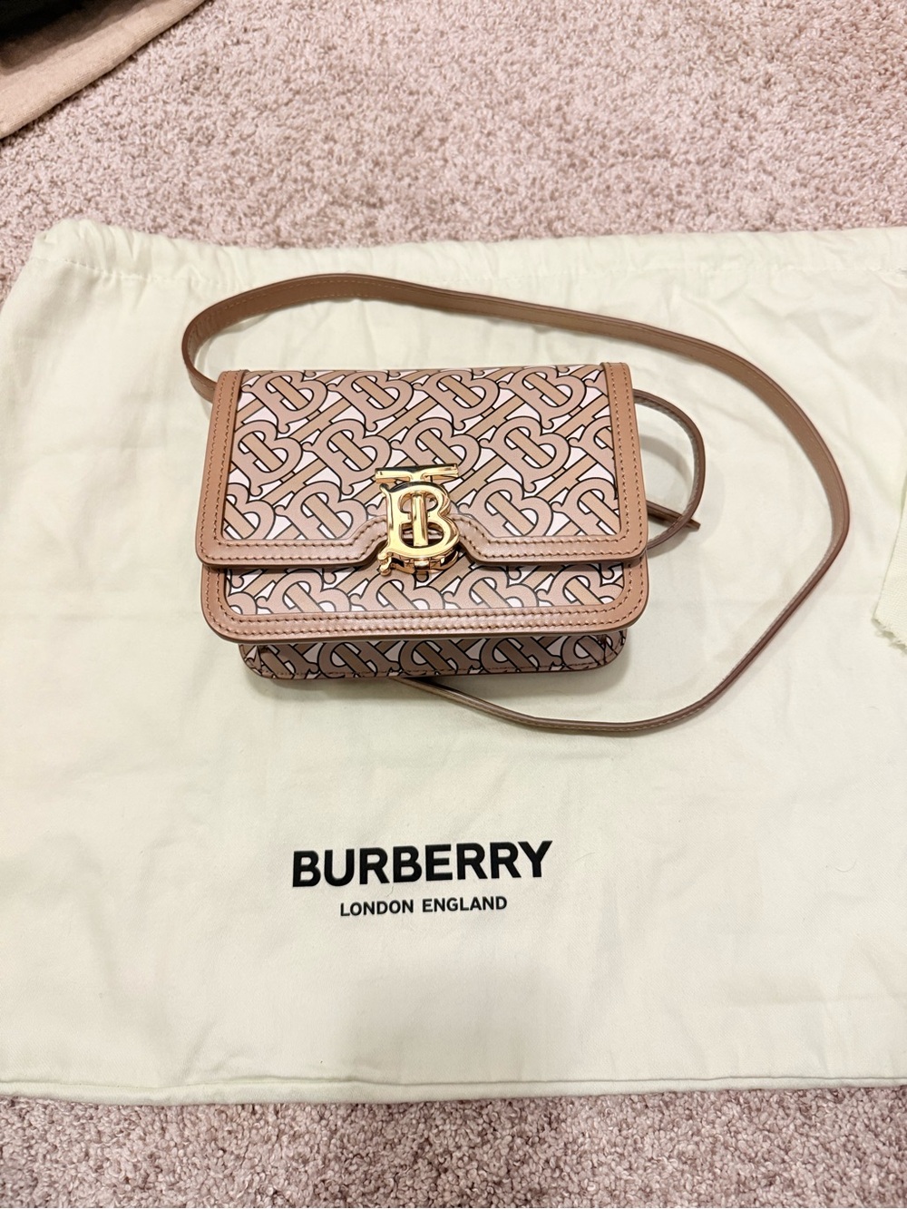 Burberry Monogram Mini Crossbody Bag Beige Tan Gold Logo
